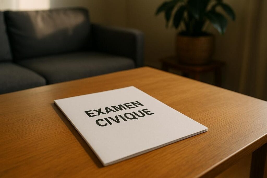 Livret intitulé « Examen civique » posé sur une table