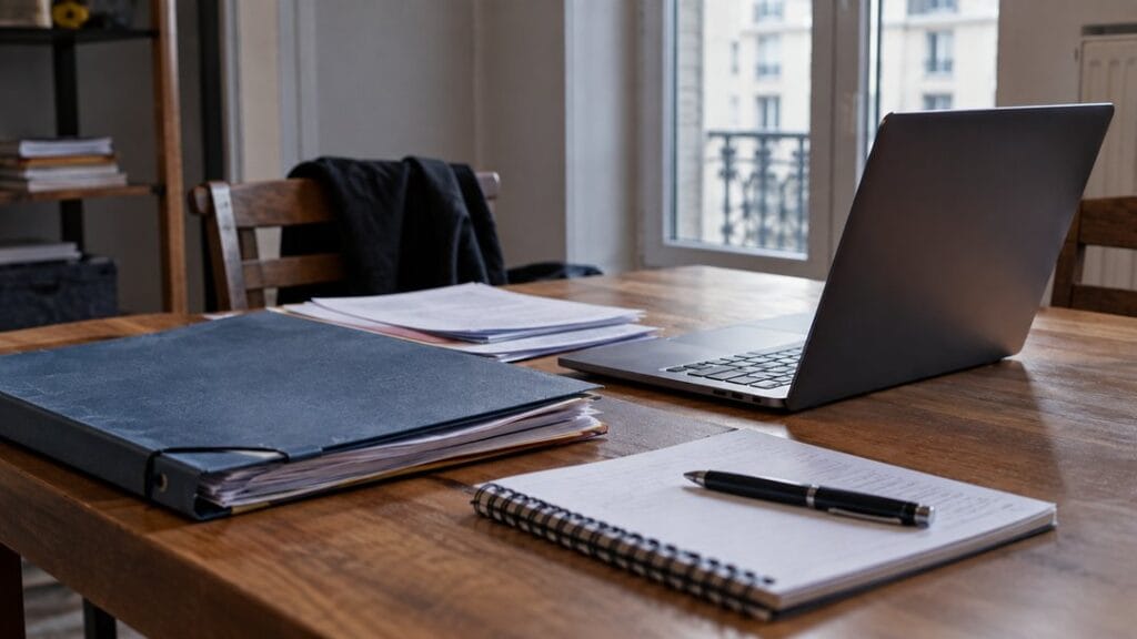 Dossiers administratifs et ordinateur portable posés sur un bureau
